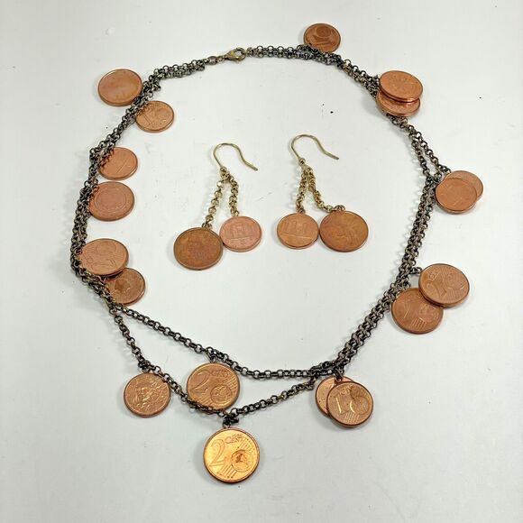 24 Piece Coin 20” Necklace Earring Set Gold Tone European Union 1 & 2 Cent Coins - Picture 1 of 16